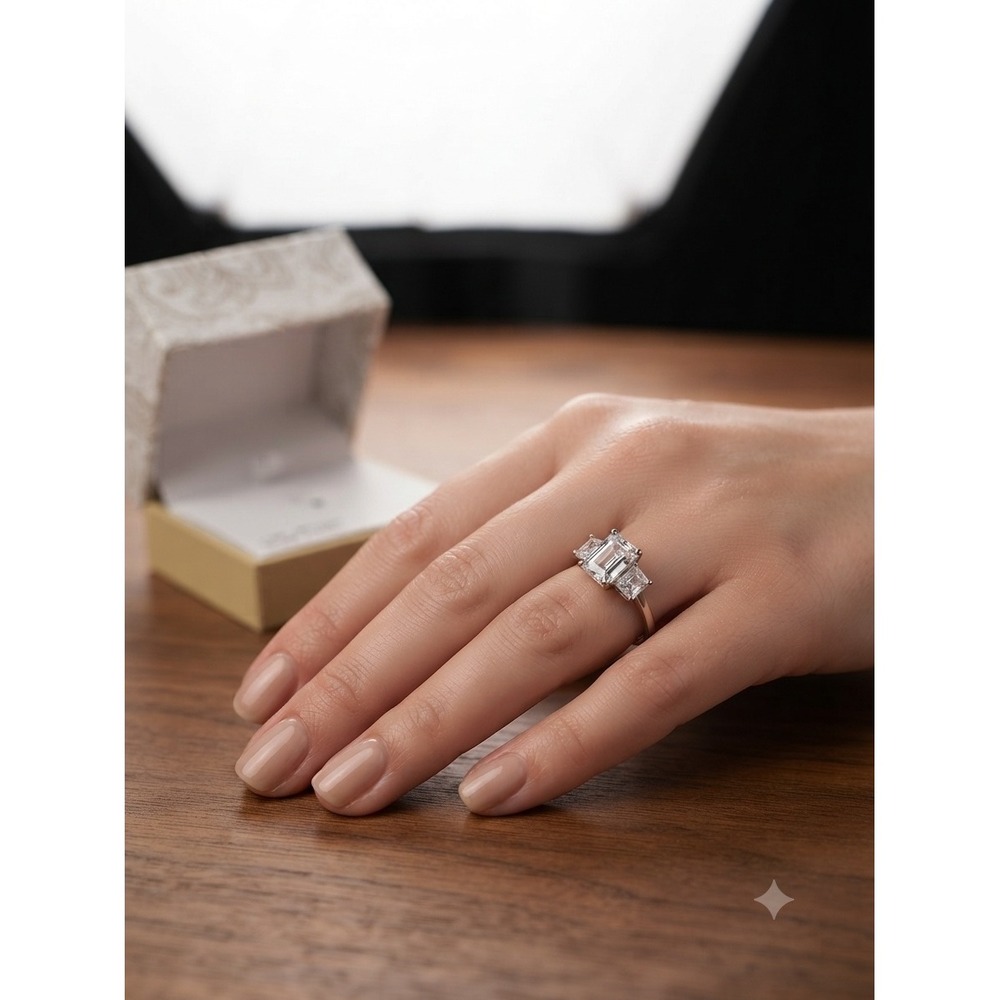Charter Club Silver Plated Emerald Cut Cubic Zirconia 3-Stone Ring Size 9
